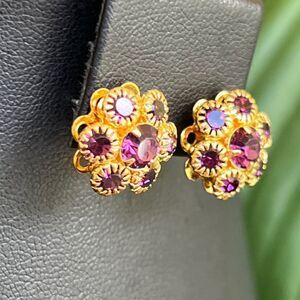 Gold Purple Floral Swarovski Crystals Statement Earrings